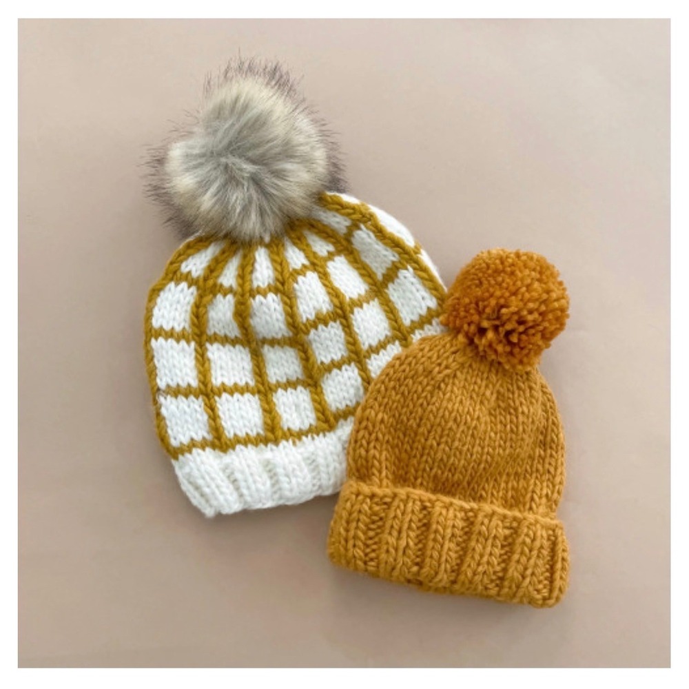 The Blueberry Hill Kids Toddler Baby 12-24 Month‎ Knit Beanie Mustard White Grid